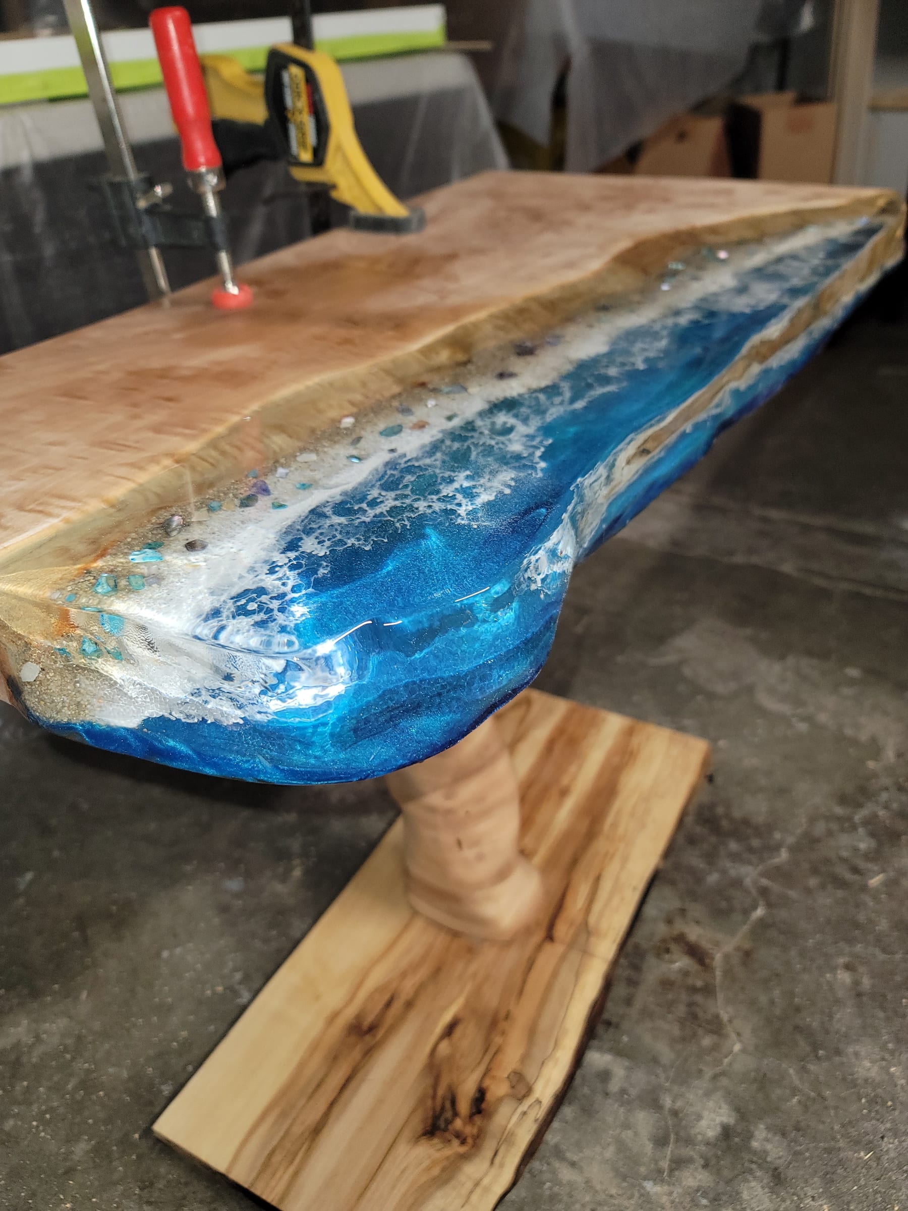 Spalted maple end table with ocean wave resin on natural-edge pedestal by Ray Sample