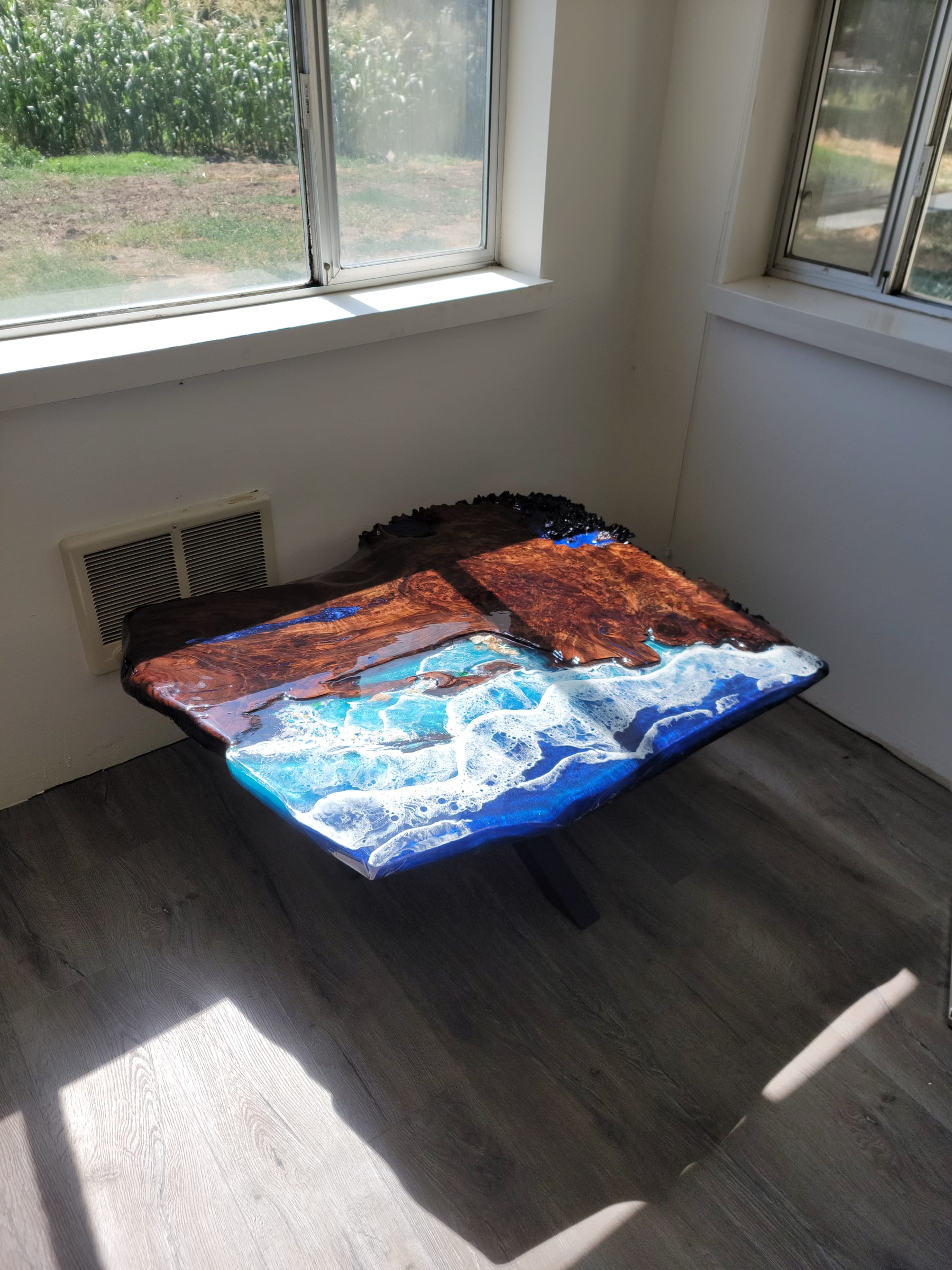 Burl wood coffee table with ocean wave epoxy pour by Ray Sample, Castle Rock CO