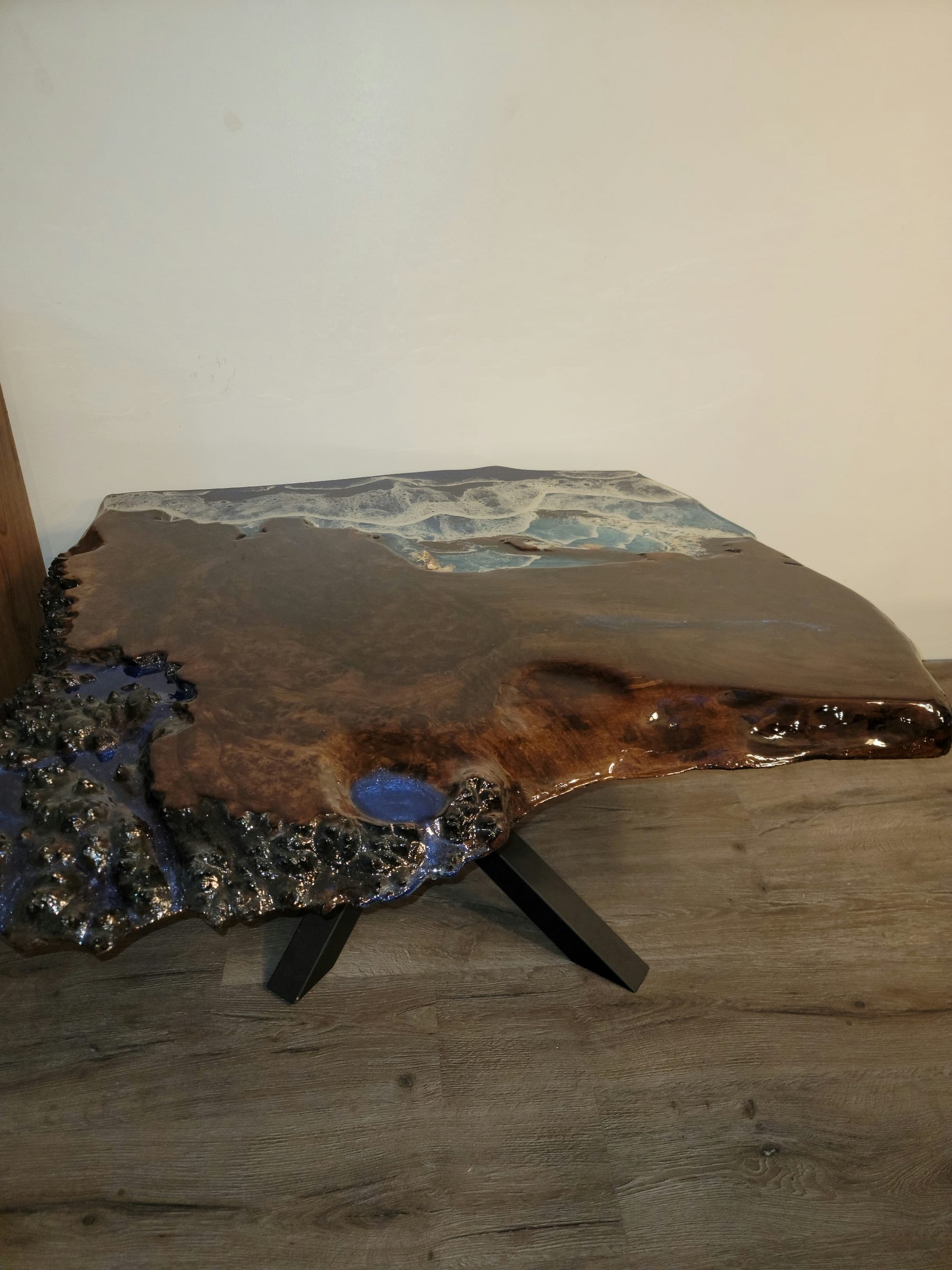 Walnut coffee table with dramatic cliff edge and ocean resin pour by Ray Sample, Castle Rock CO
