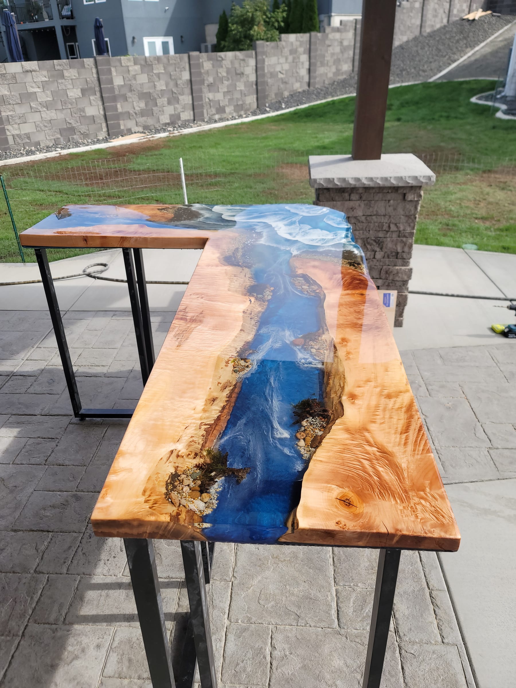 Spalted maple outdoor patio bar with ocean blue epoxy resin by Ray Sample, Castle Rock CO