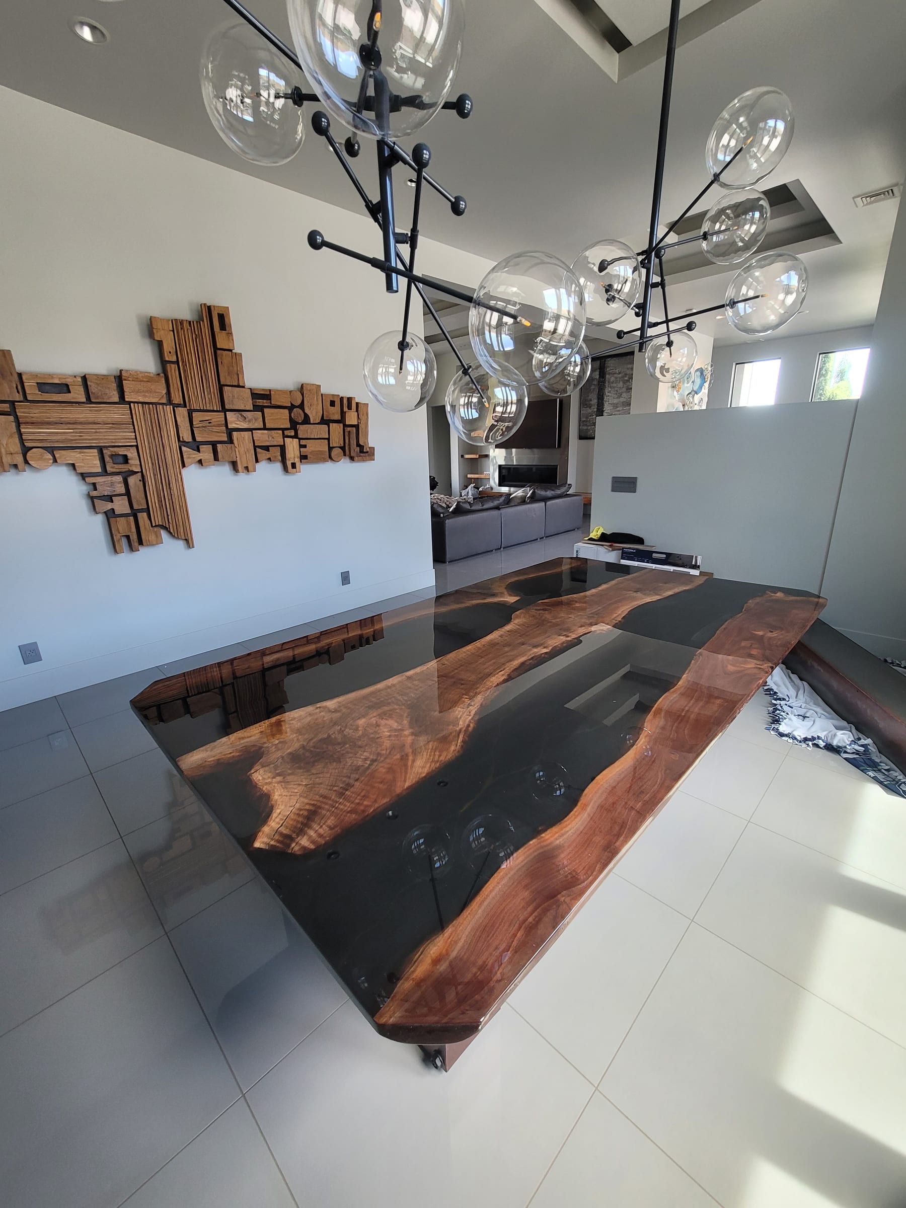Live-edge walnut river dining table with smoked resin by Ray Sample, Castle Rock CO