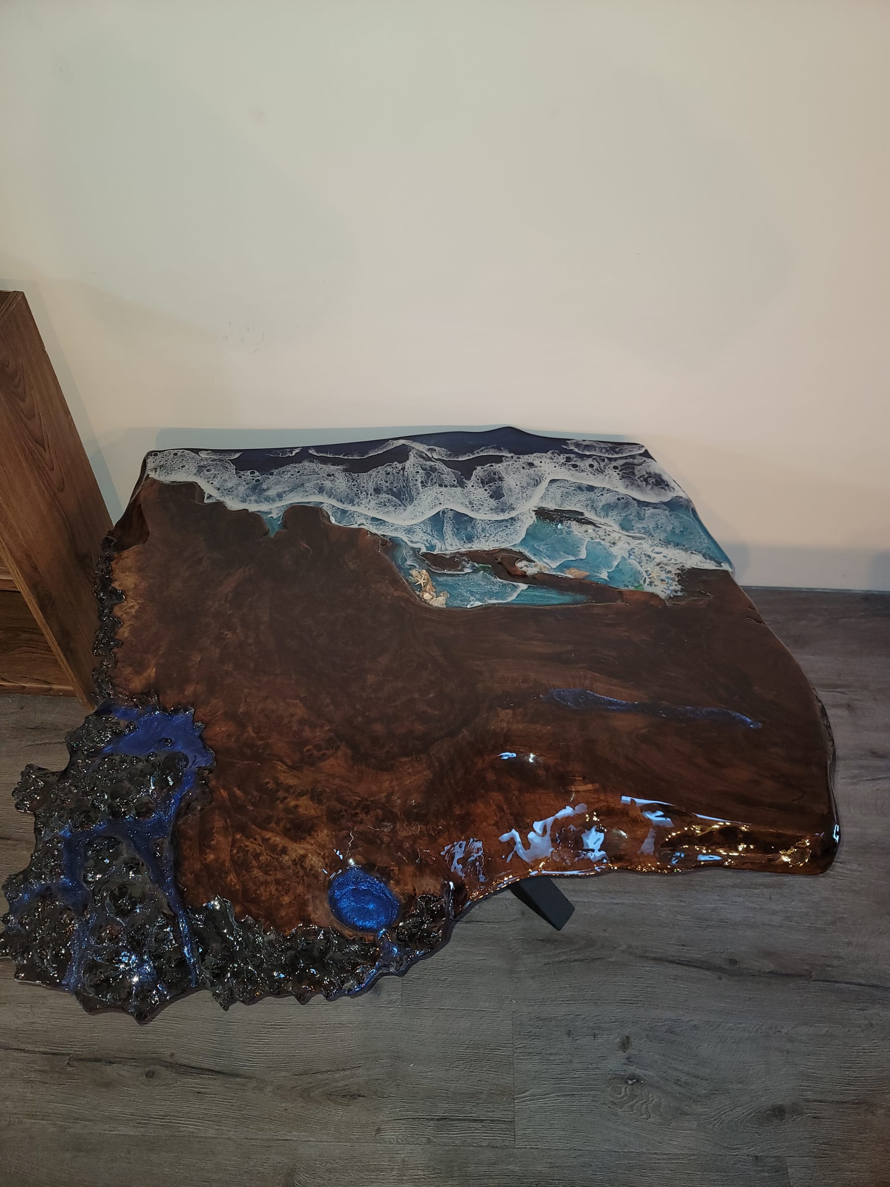 Burl walnut coffee table with ocean wave epoxy pour by Ray Sample, Castle Rock CO