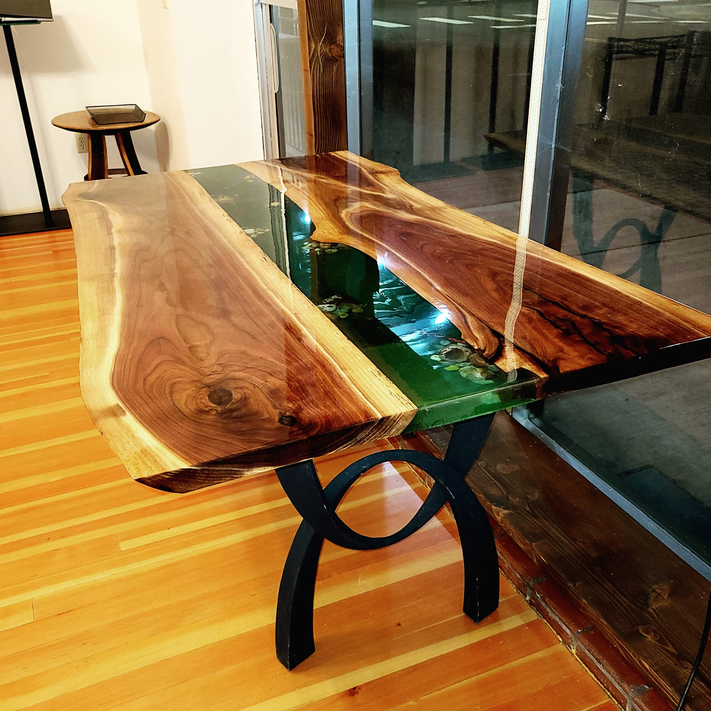 Bookmatched walnut river table with emerald resin by Ray Sample, Castle Rock CO